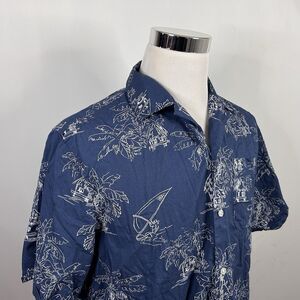 Penguin Large Hawaiian Aloha Shirt Floral Palms Tiki Hut Blue Short Sleeve